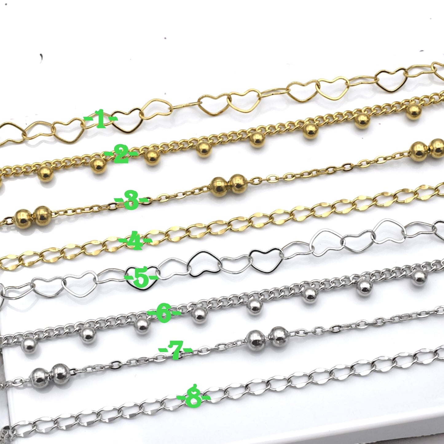 Bead Accent Chain Heart Links: Gold Finishing Dainty Stainless Steel | Jewelry Making, Sold by Yard, Durable Design