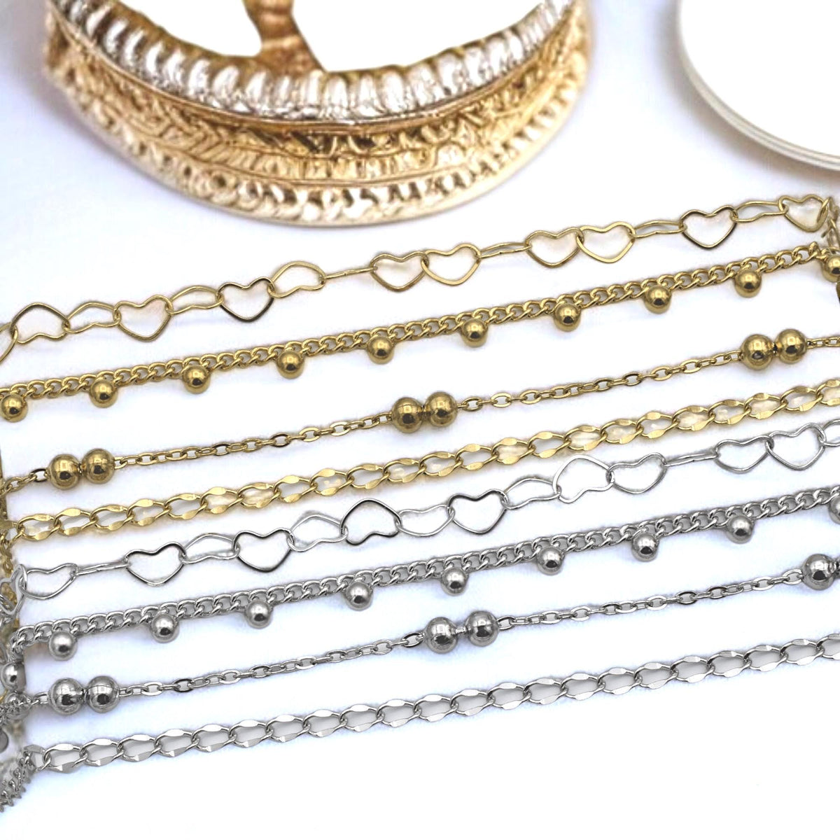 Bead Accent Chain Heart Links: Gold Finishing Dainty Stainless Steel | Jewelry Making, Sold by Yard, Durable Design