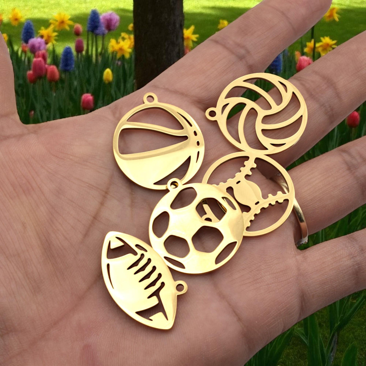 Football Pendant Set Sports Charms: Mixed Ball Designs, Gold Stainless Steel | Lightweight, Lead Free | 6 Pcs DIY Jewelry