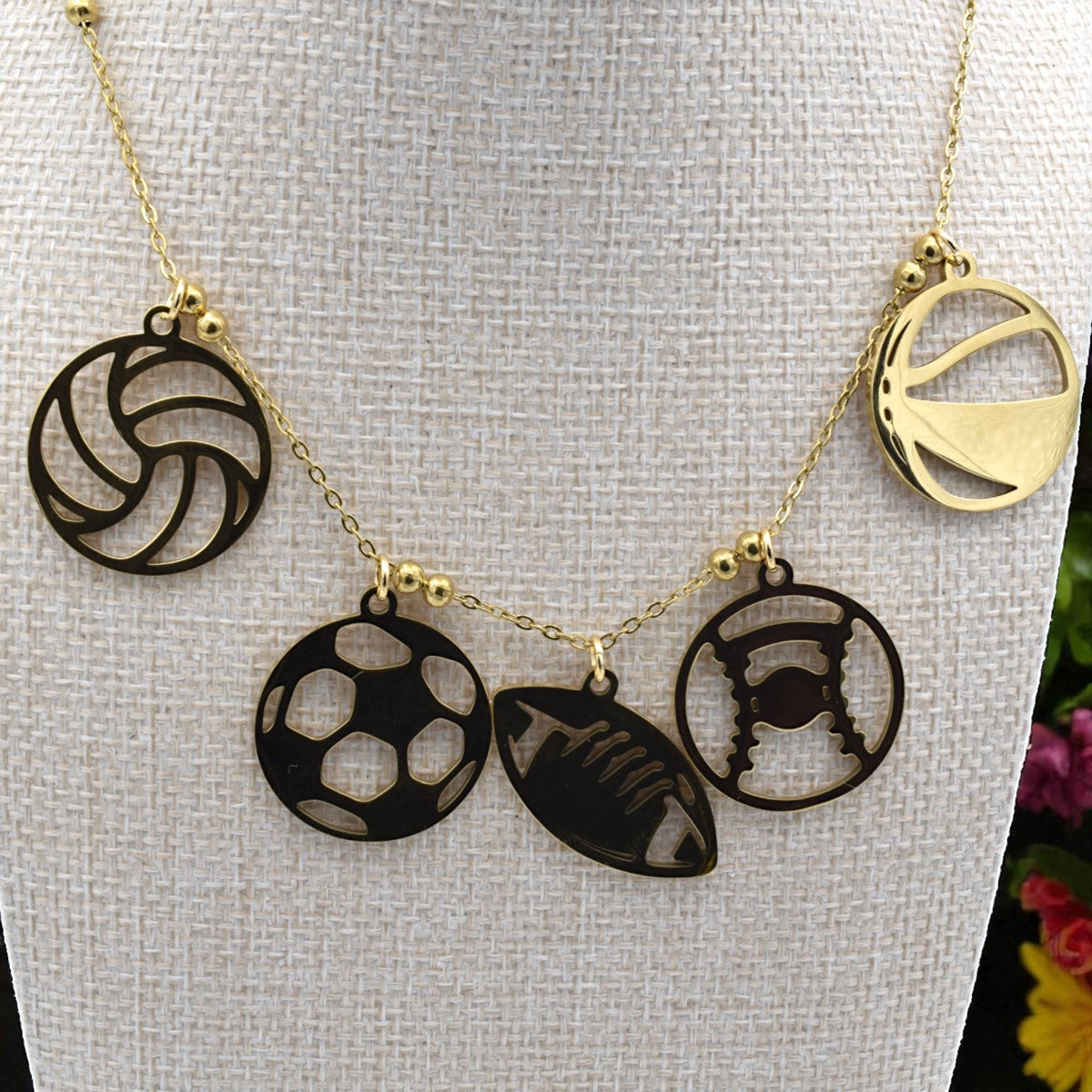 Football Pendant Set Sports Charms: Mixed Ball Designs, Gold Stainless Steel | Lightweight, Lead Free | 6 Pcs DIY Jewelry