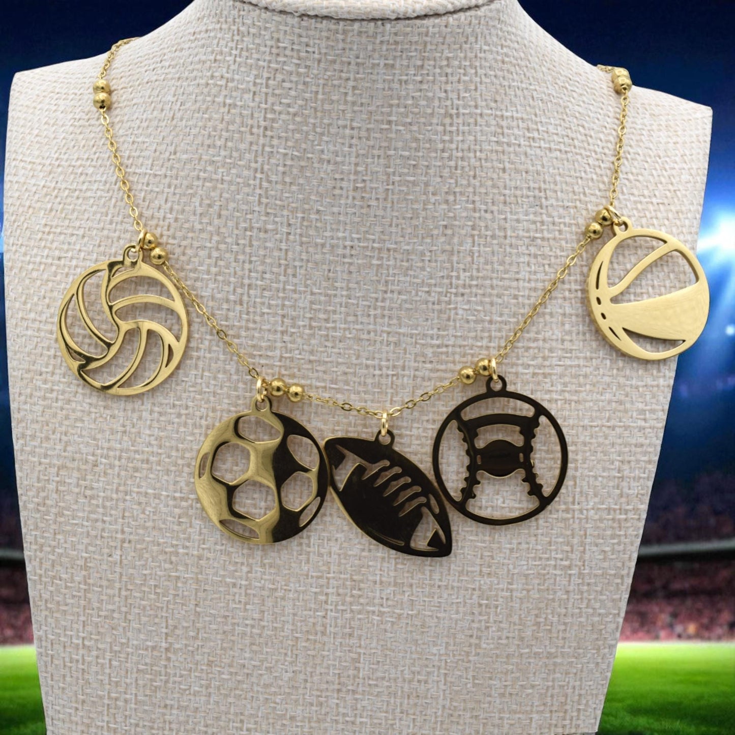 Football Pendant Set Sports Charms: Mixed Ball Designs, Gold Stainless Steel | Lightweight, Lead Free | 6 Pcs DIY Jewelry