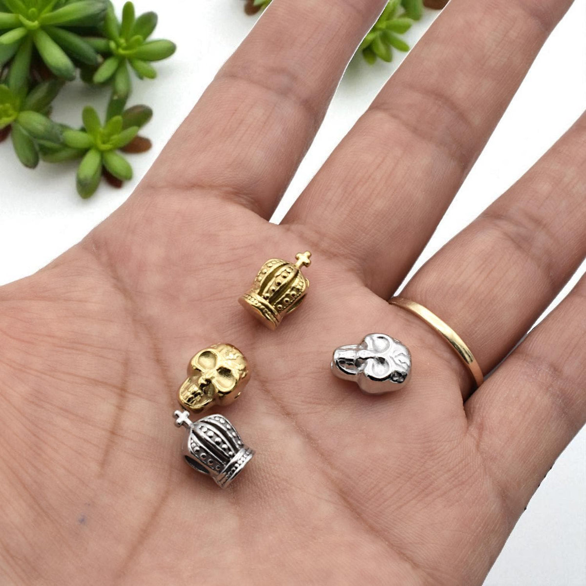 Crown With Cross Beads: Gothic Skull Charms, Gold & Silver Finish - Stainless Steel, Rust Proof, Large Hole for DIY Bracelets