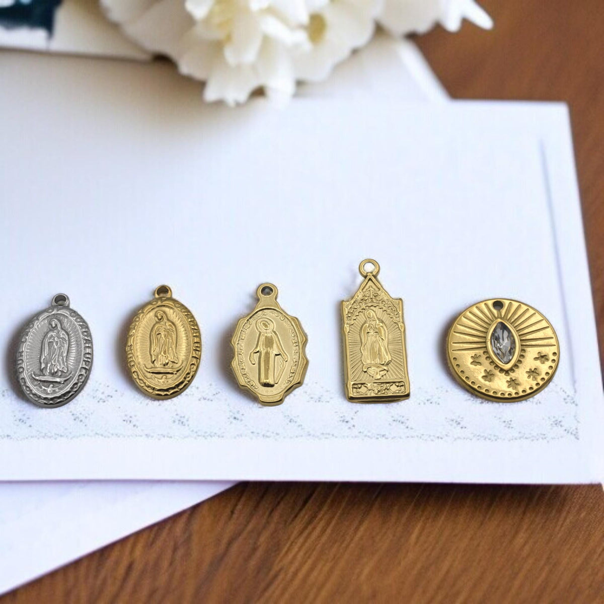 Mary Guadalupe Medal: Sun Eye Charm Gold & Silver-Tone, Miraculous Pendant | Stainless Steel, Rosary Jewelry DIY | 20-29mm