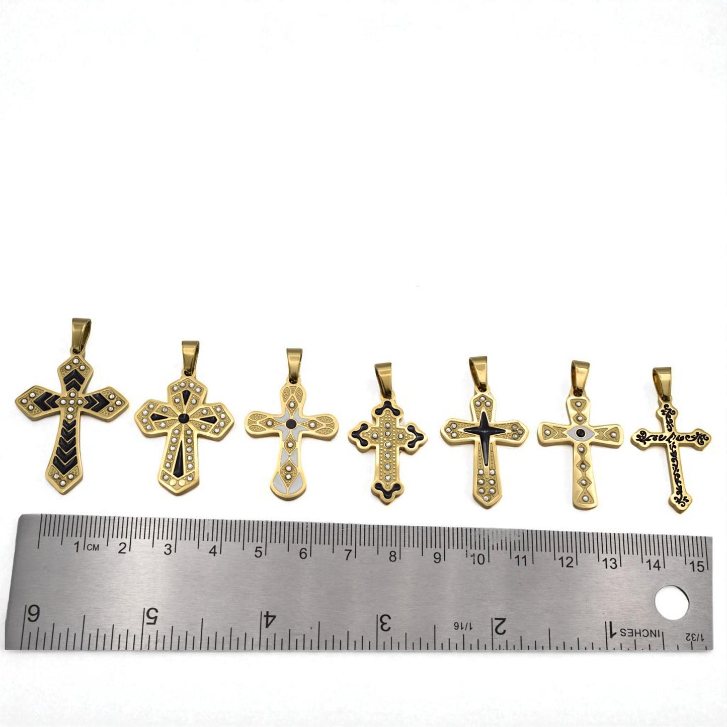 Gold Tone Cross Pendants - Christian Necklace Charms - Black Enamel, CZ Sparkle, Stainless Steel, Baptism Gift Idea