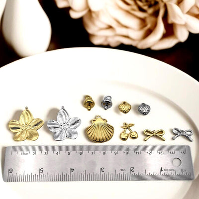 Stainless Steel Gold & Silver Charm Mix – Blossom Flower, Shell, Bow, Textured Heart, Cherry End‑Cap Pendants for DIY Jewe...