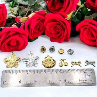 Stainless Steel Gold & Silver Charm Mix – Blossom Flower, Shell, Bow, Textured Heart, Cherry End‑Cap Pendants for DIY Jewe...