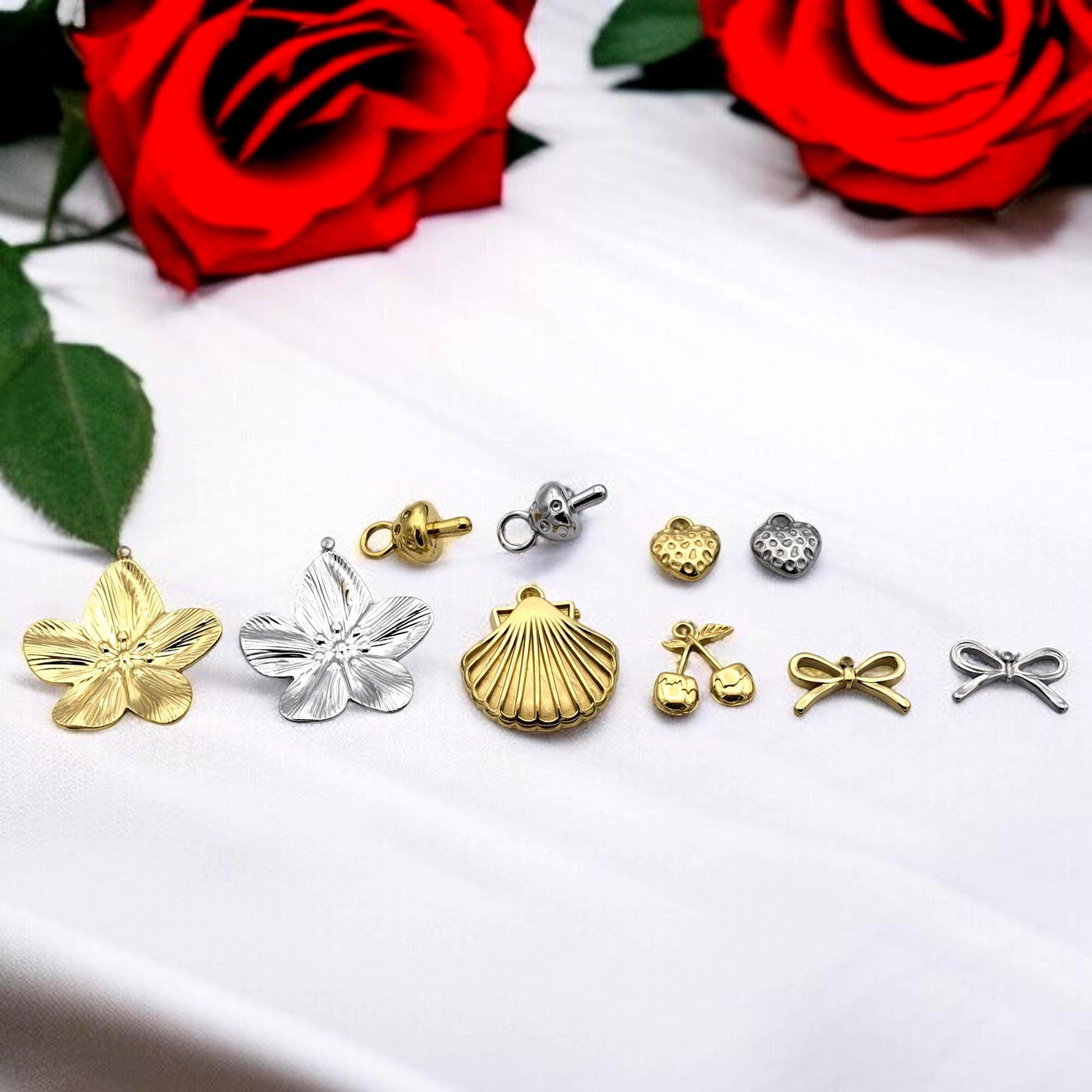Stainless Steel Gold & Silver Charm Mix – Blossom Flower, Shell, Bow, Textured Heart, Cherry End‑Cap Pendants for DIY Jewe...