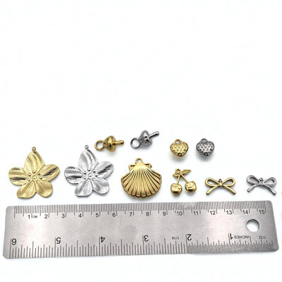 Stainless Steel Gold & Silver Charm Mix – Blossom Flower, Shell, Bow, Textured Heart, Cherry End‑Cap Pendants for DIY Jewe...