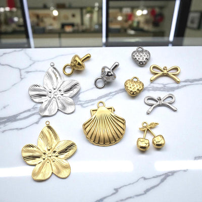 Stainless Steel Gold & Silver Charm Mix – Blossom Flower, Shell, Bow, Textured Heart, Cherry End‑Cap Pendants for DIY Jewe...