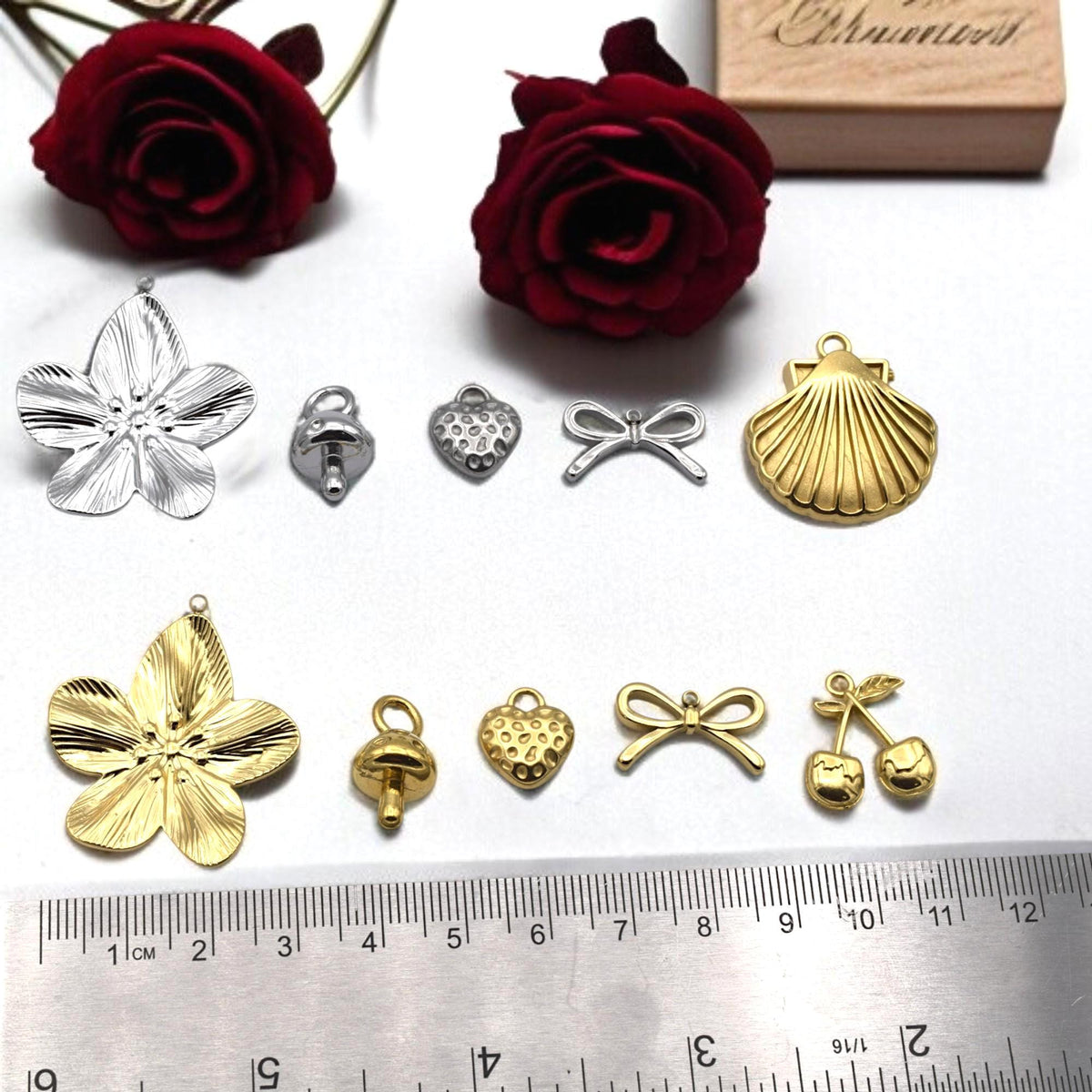 Stainless Steel Gold Charm Mix: Blossom Flower, Shell & Heart Pendants | Mixed Metal, Hypoallergenic | DIY Jewelry Making
