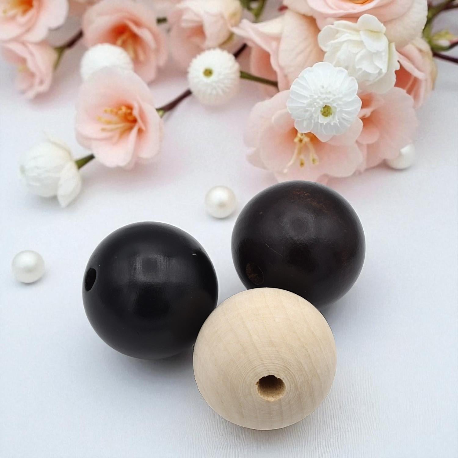 Large Wood Round Beads: Black Natural Dark 50mm - Smooth Surface, Big Hole, Rustic Jewelry Supplies