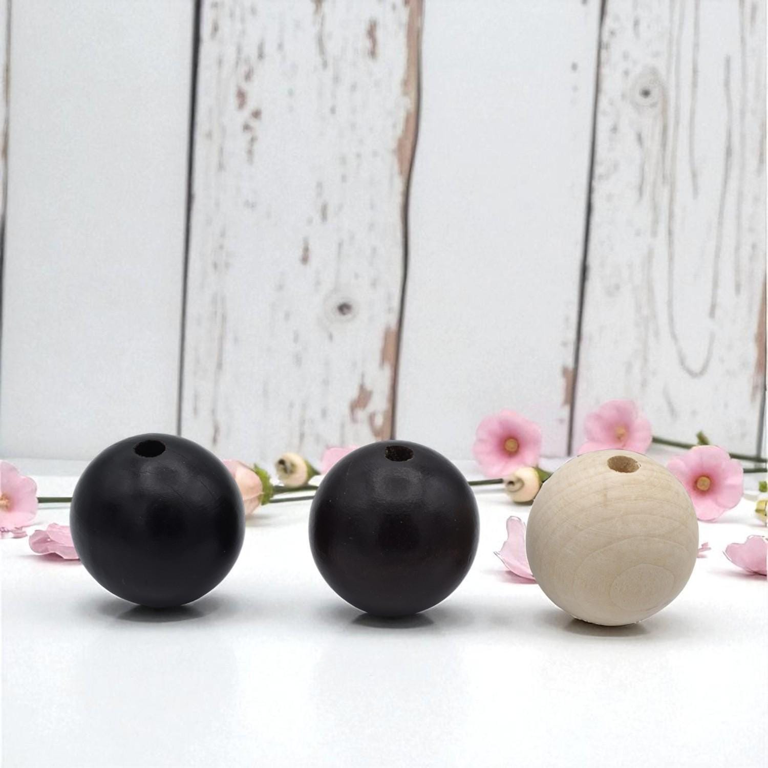 Large Wood Round Beads: Black Natural Dark 50mm - Smooth Surface, Big Hole, Rustic Jewelry Supplies