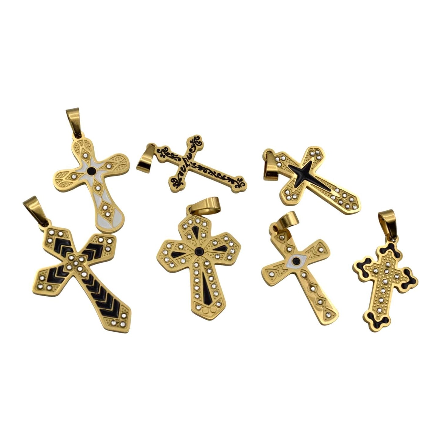 Gold Tone Cross Pendants - Christian Necklace Charms - Black Enamel, CZ Sparkle, Stainless Steel, Baptism Gift Idea