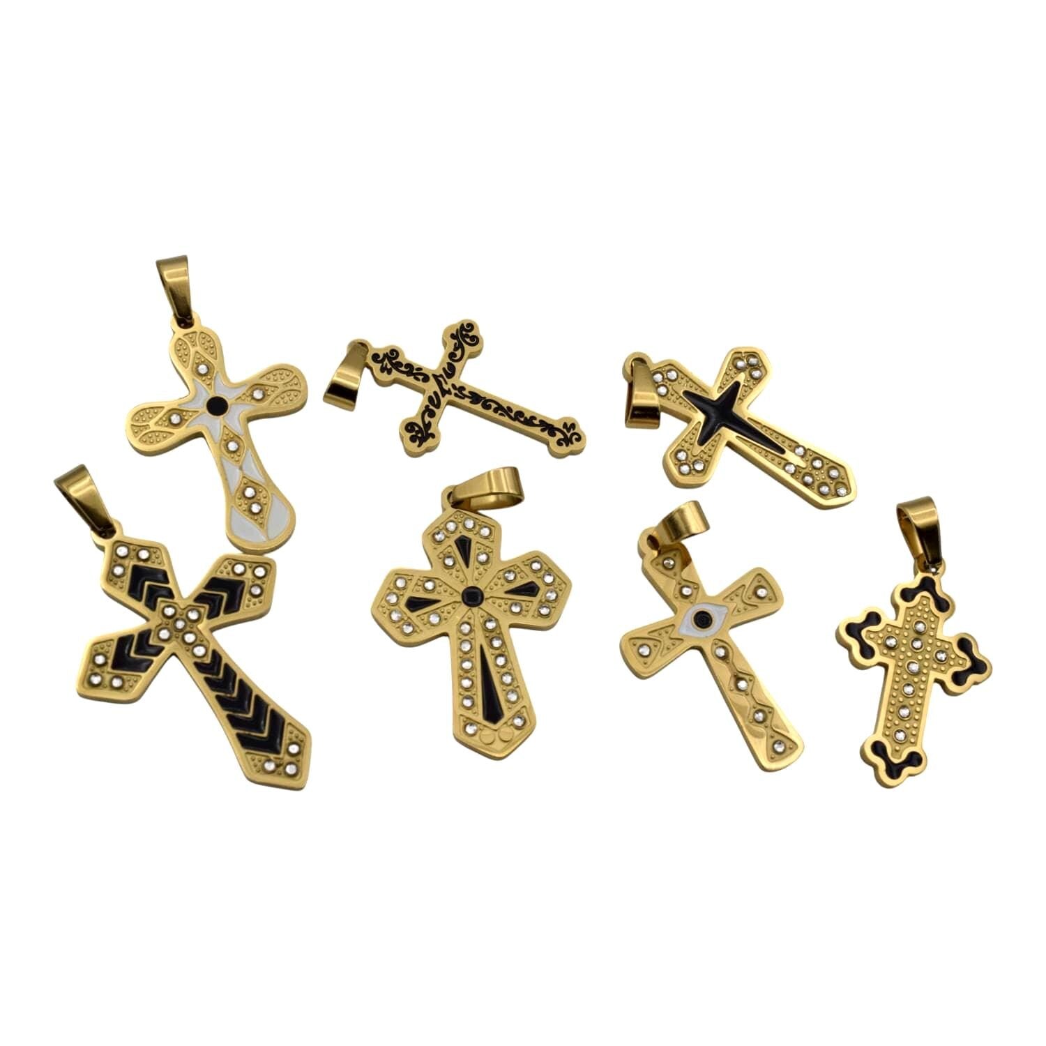 Gold Tone Cross Pendants - Christian Necklace Charms - Black Enamel, CZ Sparkle, Stainless Steel, Baptism Gift Idea