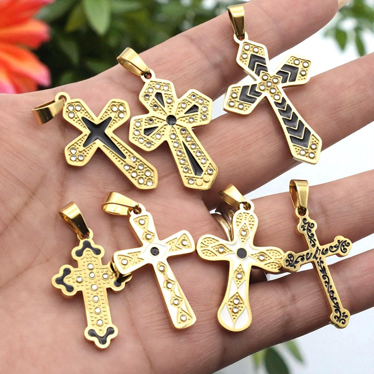 Gold Tone Cross Pendants - Christian Necklace Charms - Black Enamel, CZ Sparkle, Stainless Steel, Baptism Gift Idea