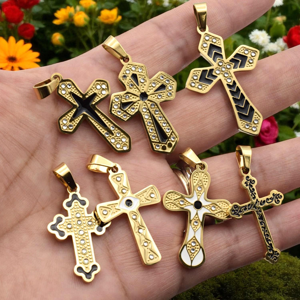 Gold Tone Cross Pendants - Christian Necklace Charms - Black Enamel, CZ Sparkle, Stainless Steel, Baptism Gift Idea