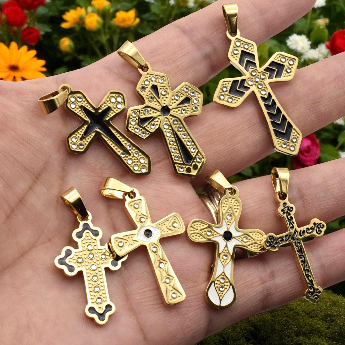 Gold Stainless Steel Cross Pendants Styles with Black Enamel & CZ Accents 35 45 mm Christian Necklace Charms Gift for her/...