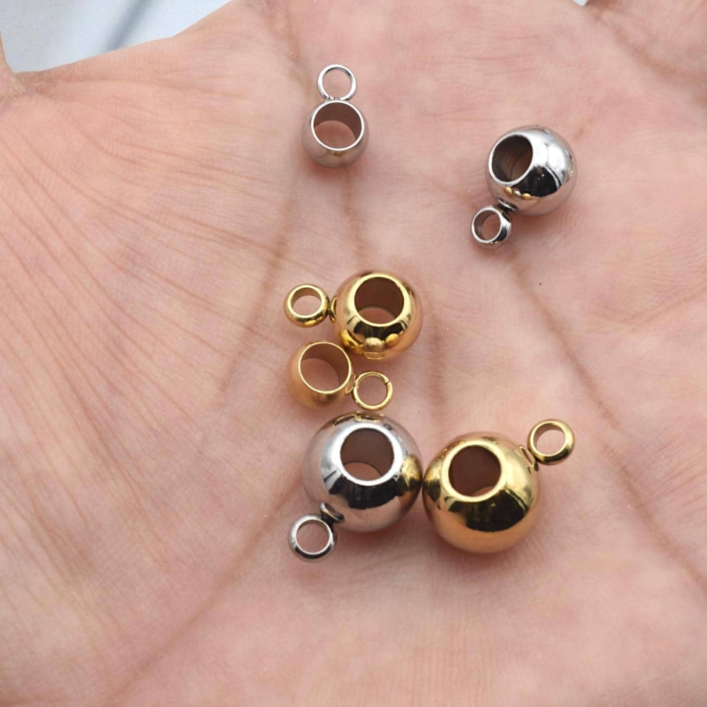 Large Hole Charm Beads with Loop Bail: Gold and Silver Stainless Steel, Mirror Polished Finish (12 or 20 Pcs, Hypoallergenic Jewelry)