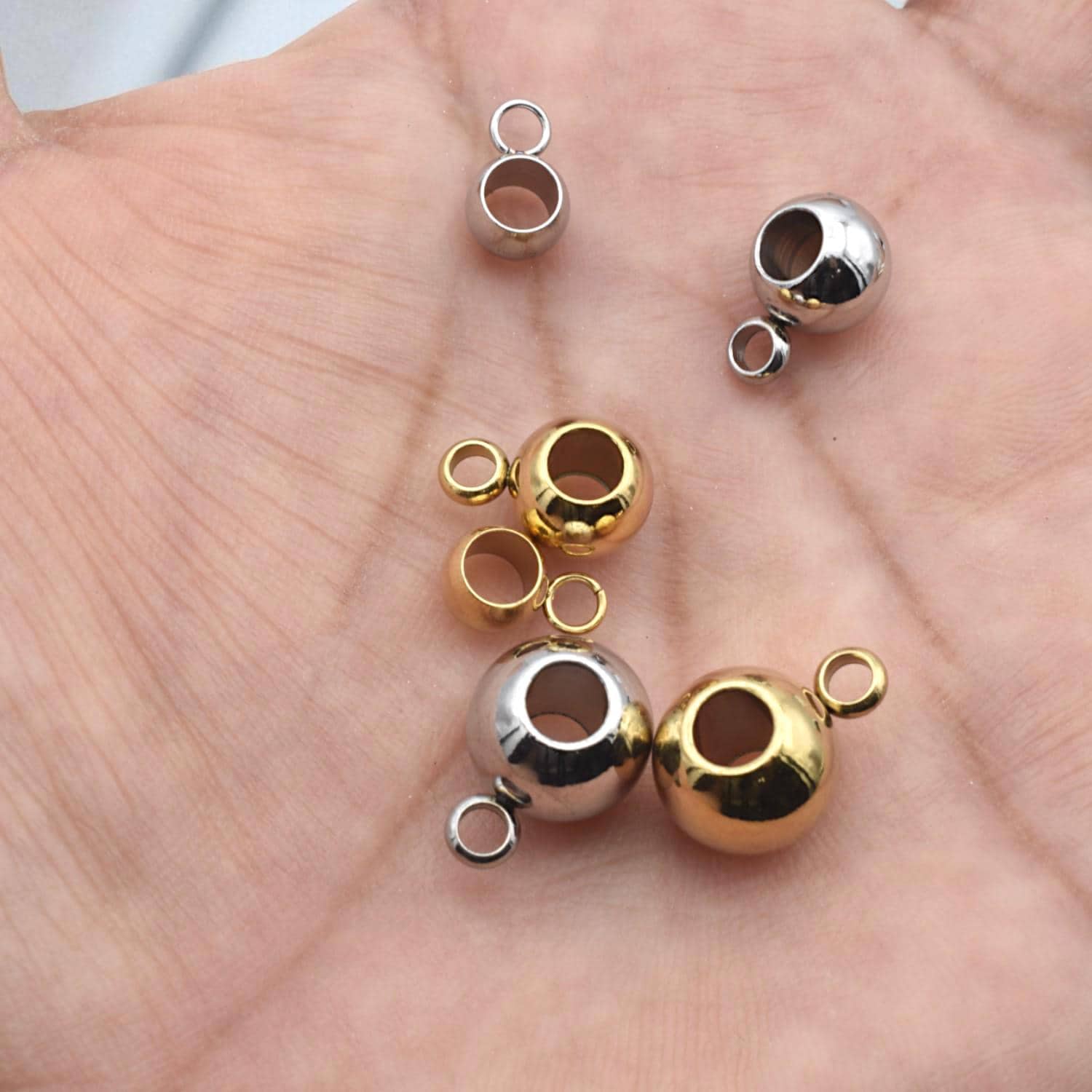 Large Hole Charm Beads with Loop Bail: Gold and Silver Stainless Steel, Mirror Polished Finish (12 or 20 Pcs, Hypoallergenic Jewelry)