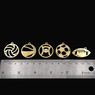 Sports Ball Charms Gold Stainless Steel Volleyball, Basketball, Baseball, Soccer & Football Pendants DIY Jewelry Findings...