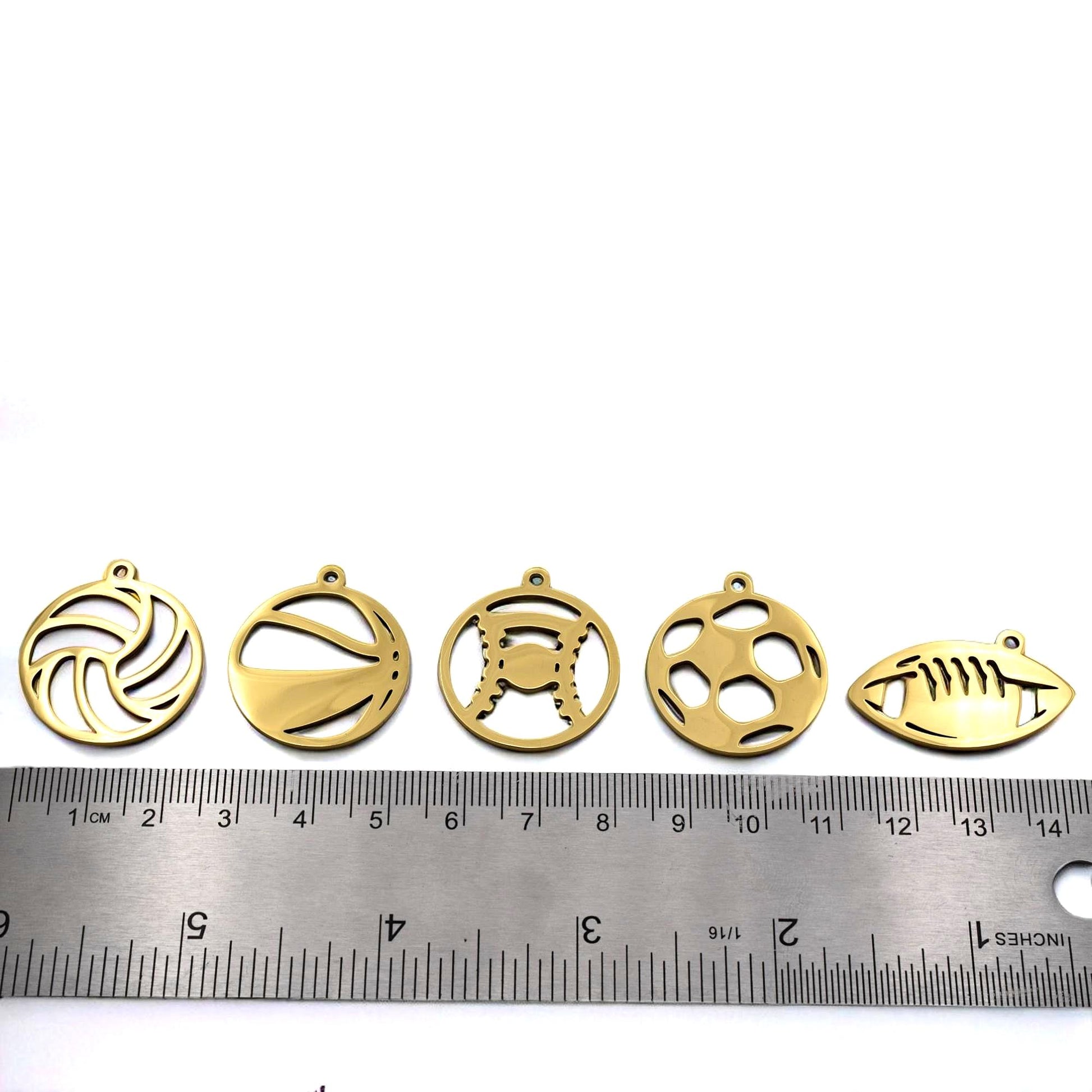 Football Pendant Set Sports Charms: Mixed Ball Designs, Gold Stainless Steel | Lightweight, Lead Free | 6 Pcs DIY Jewelry