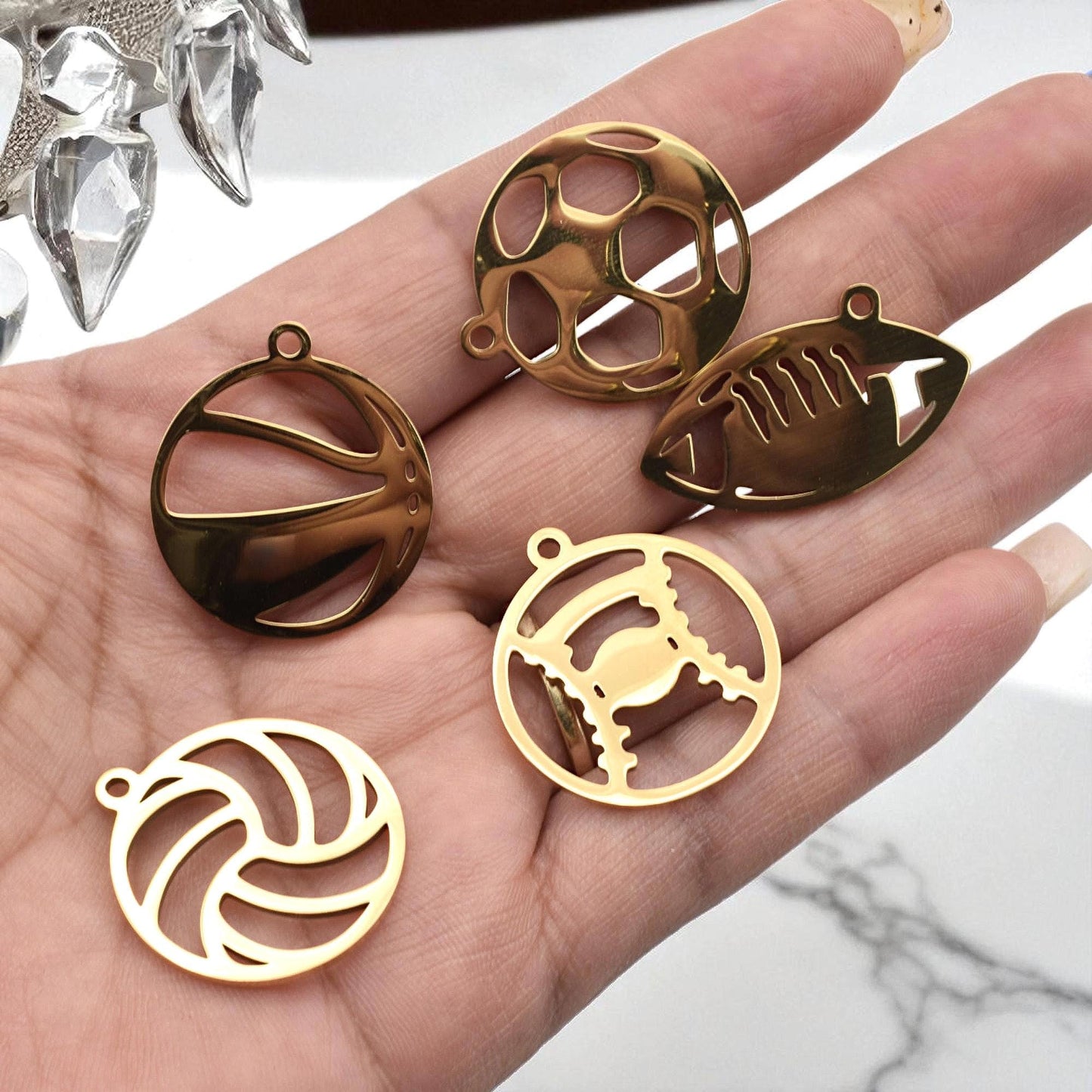 Football Pendant Set Sports Charms: Mixed Ball Designs, Gold Stainless Steel | Lightweight, Lead Free | 6 Pcs DIY Jewelry