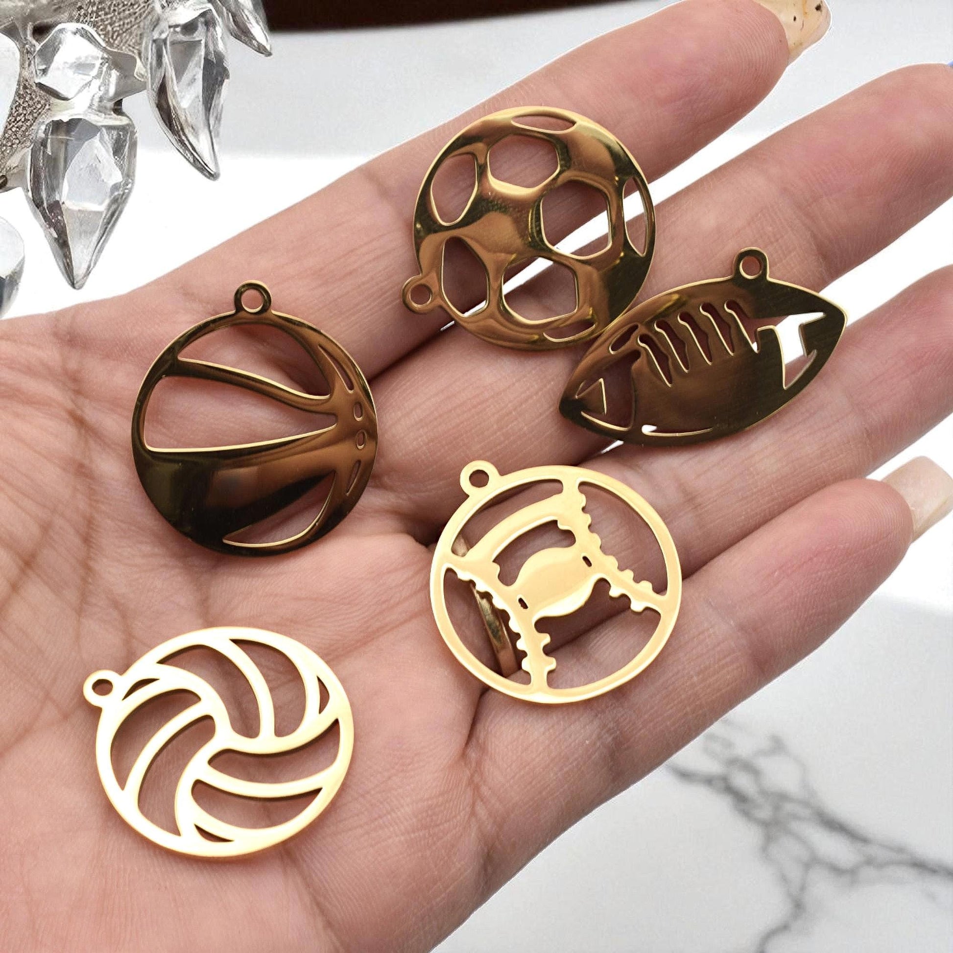 Football Pendant Set Sports Charms: Mixed Ball Designs, Gold Stainless Steel | Lightweight, Lead Free | 6 Pcs DIY Jewelry