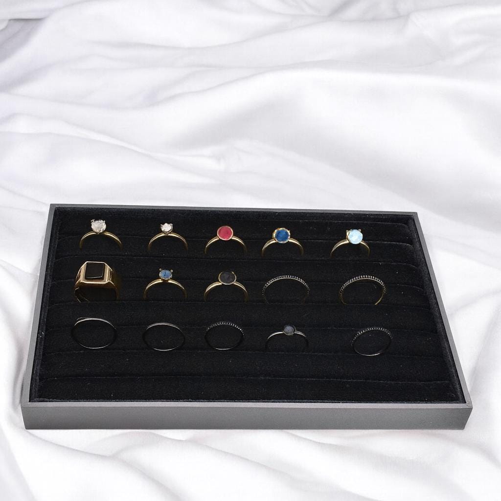 Black Velvet Ring Display Tray: Sleek Elegant Organizer - Soft Velvet, Secure Ring Storage, Trade Show and Craft Fair Essential
