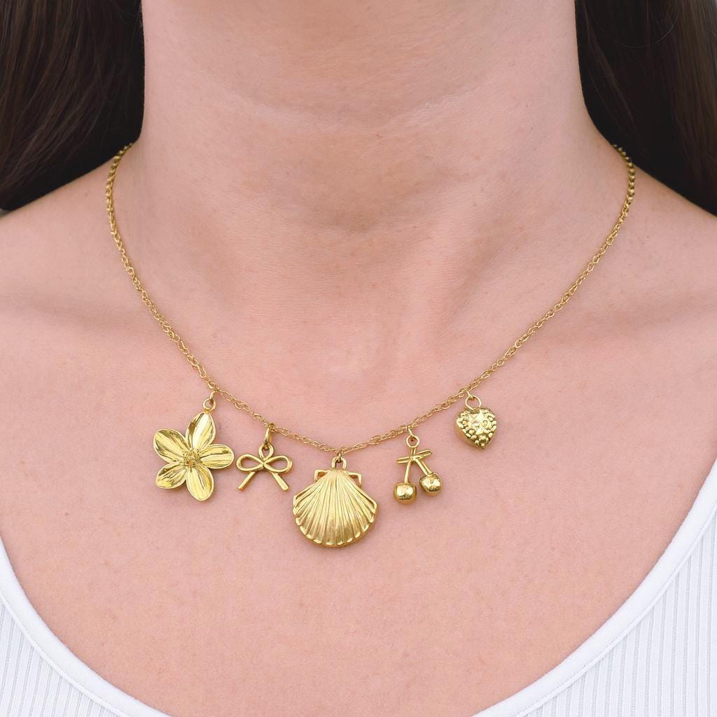 Stainless Steel Gold & Silver Charm Mix – Blossom Flower, Shell, Bow, Textured Heart, Cherry End‑Cap Pendants for DIY Jewe...