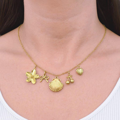 Stainless Steel Gold & Silver Charm Mix – Blossom Flower, Shell, Bow, Textured Heart, Cherry End‑Cap Pendants for DIY Jewe...