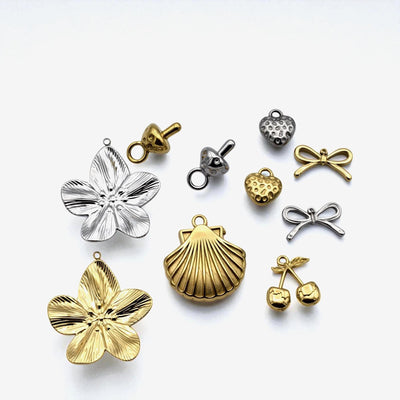 Stainless Steel Gold & Silver Charm Mix – Blossom Flower, Shell, Bow, Textured Heart, Cherry End‑Cap Pendants for DIY Jewe...
