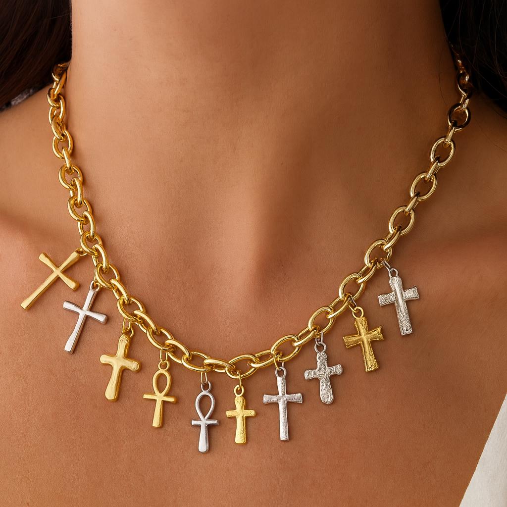 Egyptian Ankh Charm Gold Or Silver: Faith Symbol Jewelry Bundle, Stainless Steel (12pcs, Mixed Cross and Ankh, Lead-Free Materials)