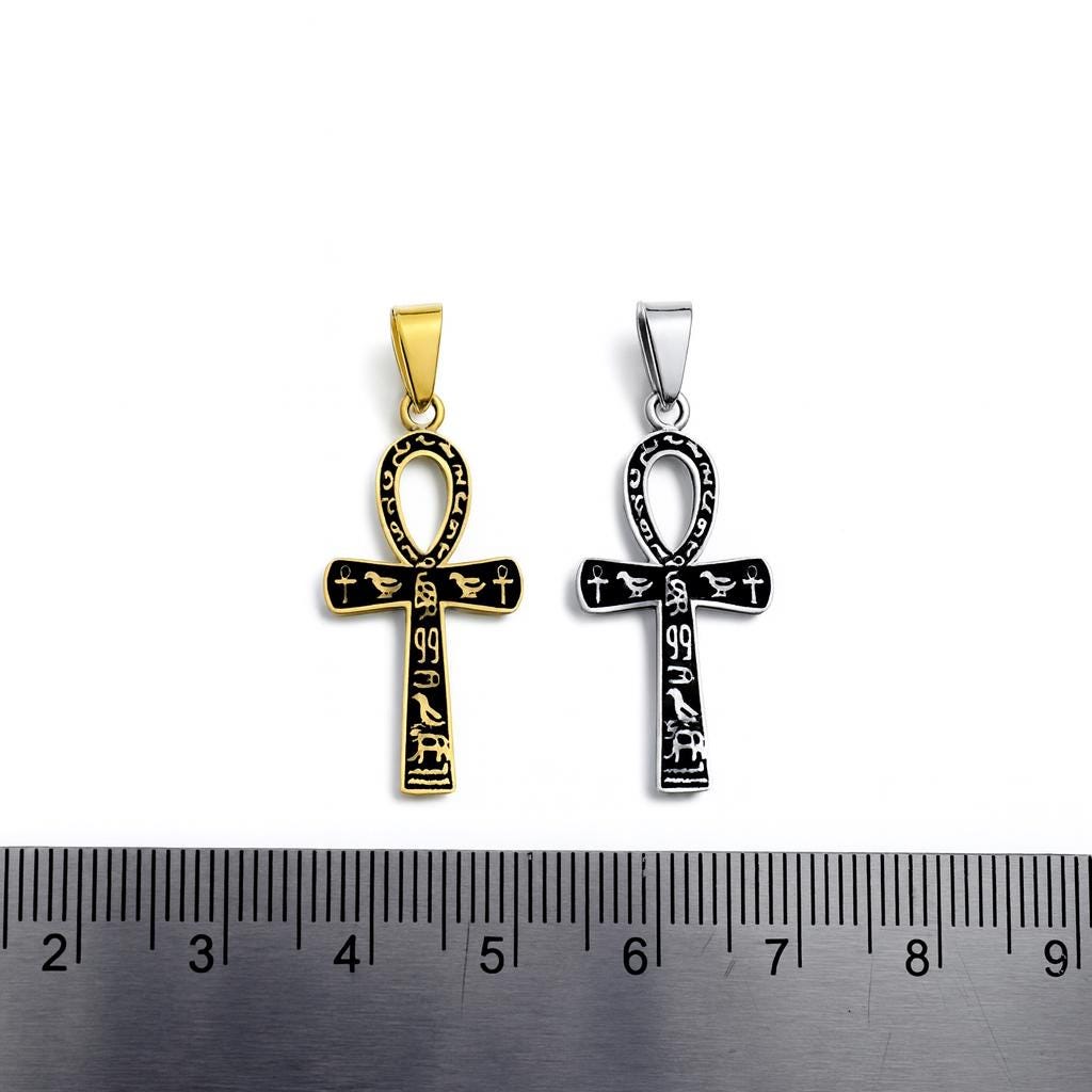 Ankh Cross Pendant Jewelry: Sacred Egyptian Hieroglyph Design, Gold & Silver Stainless (15x30mm, Unisex Charm)