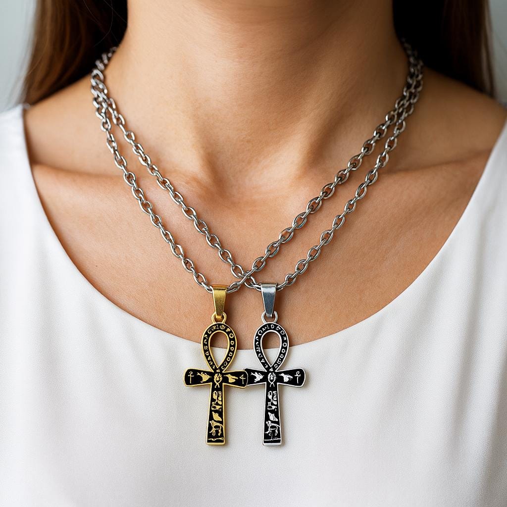 Ankh Cross Pendant Jewelry: Sacred Egyptian Hieroglyph Design, Gold & Silver Stainless (15x30mm, Unisex Charm)