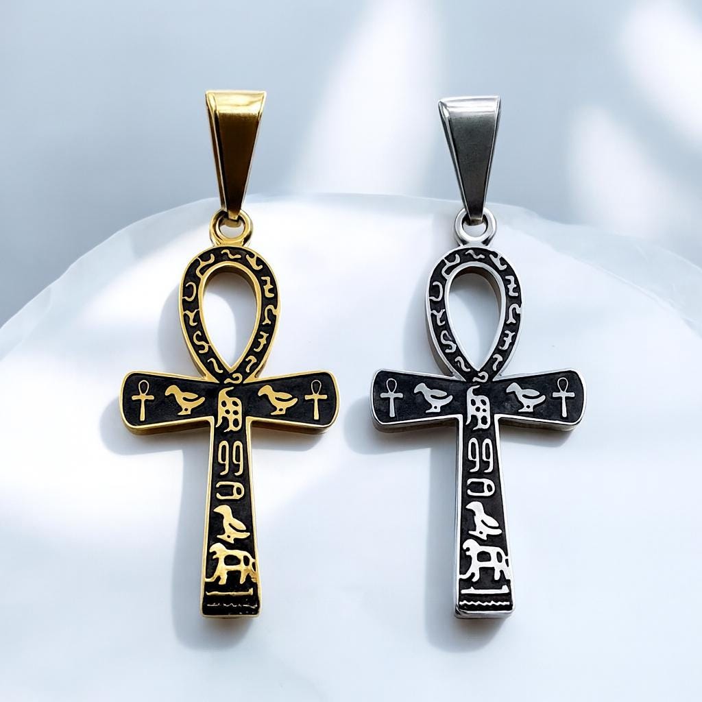 Ankh Cross Pendant Jewelry: Sacred Egyptian Hieroglyph Design, Gold & Silver Stainless (15x30mm, Unisex Charm)