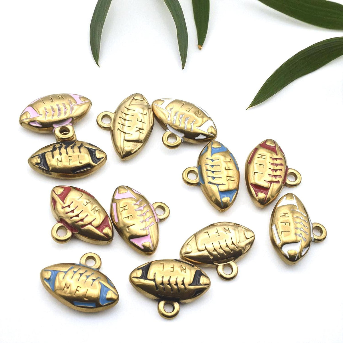 Gold Plated Charms Football Pendants: Team Colors Enamel, Raised Laces Detail | Stainless Steel, Lead-Free | 12PC Pack