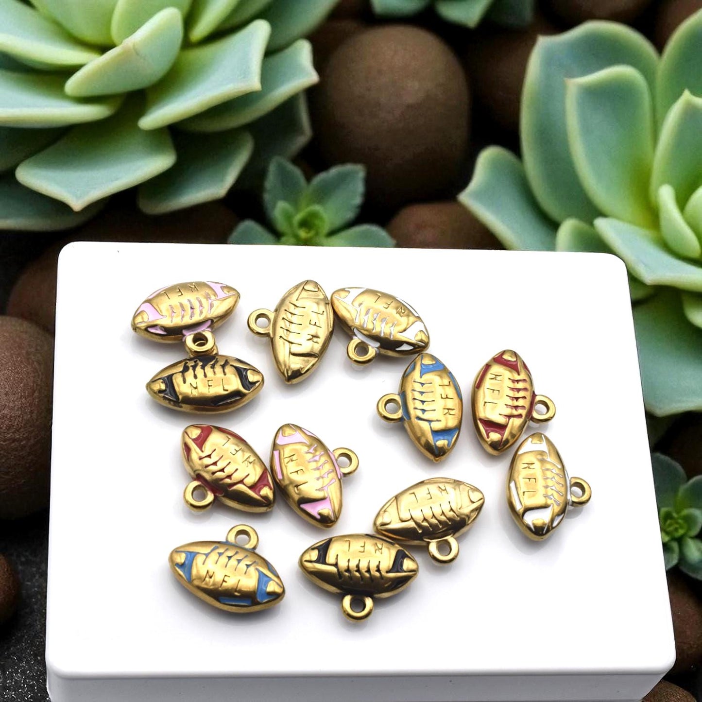 Gold Plated Charms Football Pendants: Team Colors Enamel, Raised Laces Detail | Stainless Steel, Lead-Free | 12PC Pack