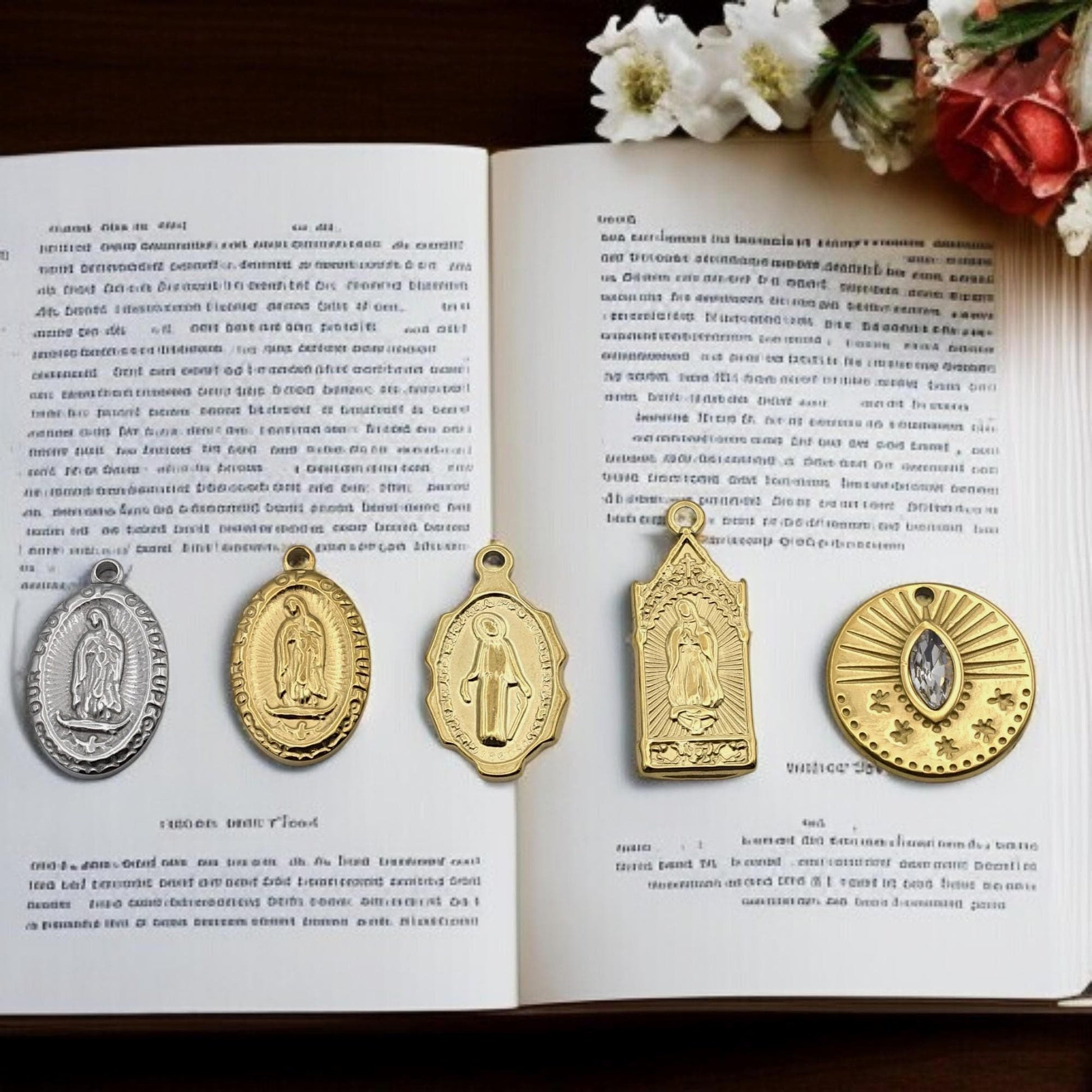 Mary Guadalupe Medal: Sun Eye Charm Gold & Silver-Tone, Miraculous Pendant | Stainless Steel, Rosary Jewelry DIY | 20-29mm