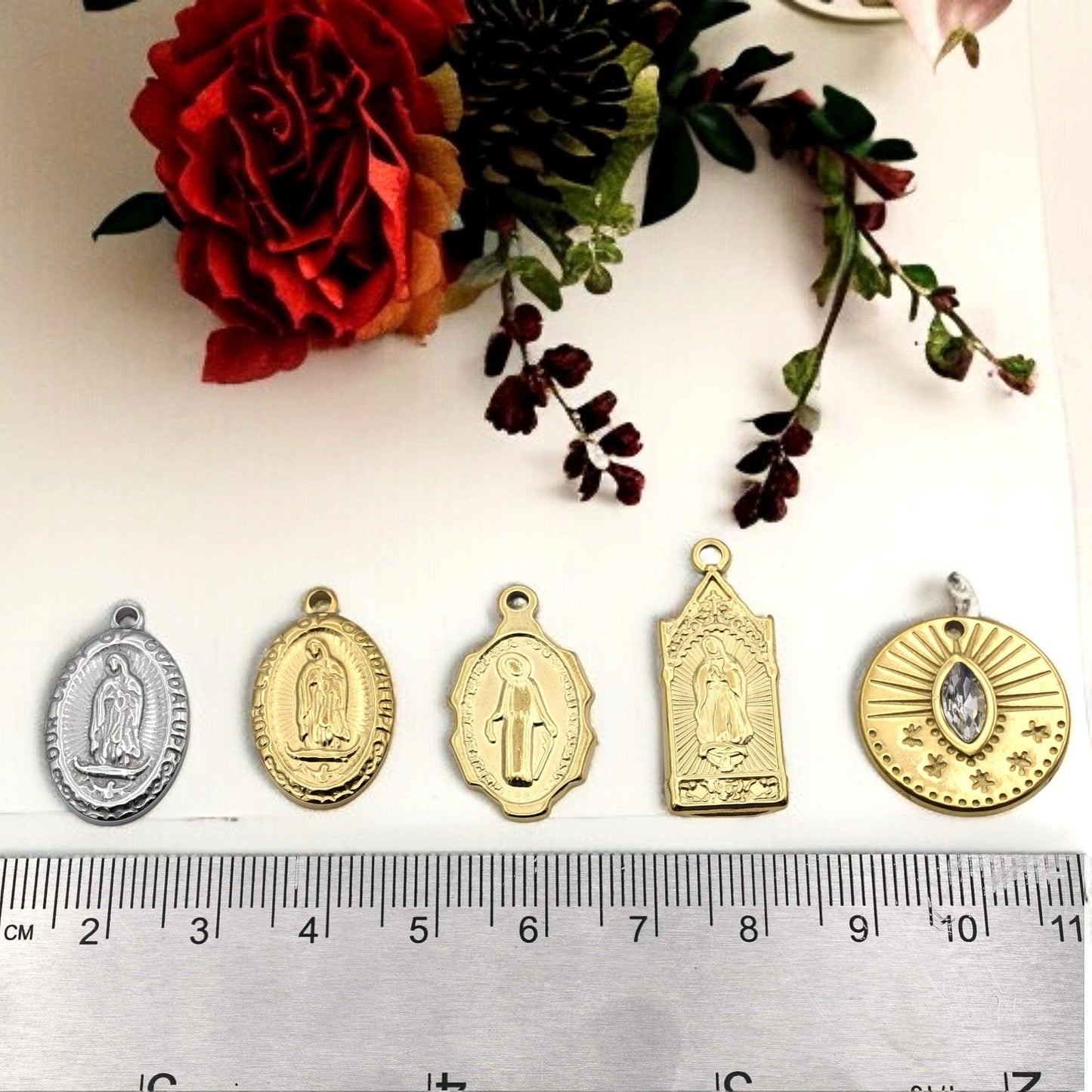 Mary Guadalupe Medal: Sun Eye Charm Gold & Silver-Tone, Miraculous Pendant | Stainless Steel, Rosary Jewelry DIY | 20-29mm