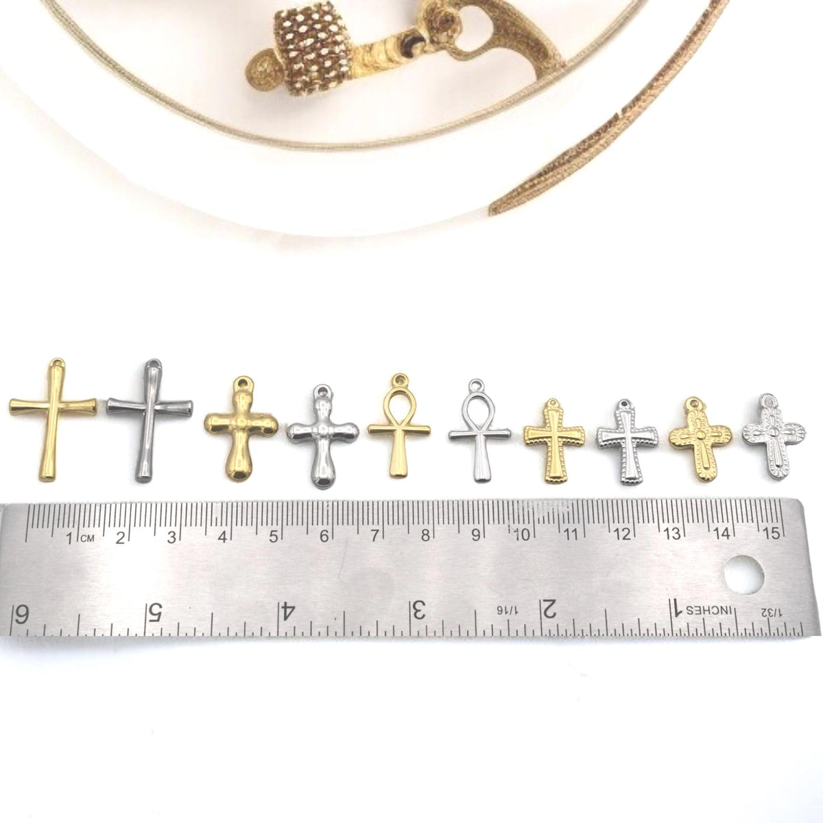 Egyptian Ankh Charm Gold Or Silver: Faith Symbol Jewelry Bundle, Stainless Steel (12pcs, Mixed Cross and Ankh, Lead-Free Materials)