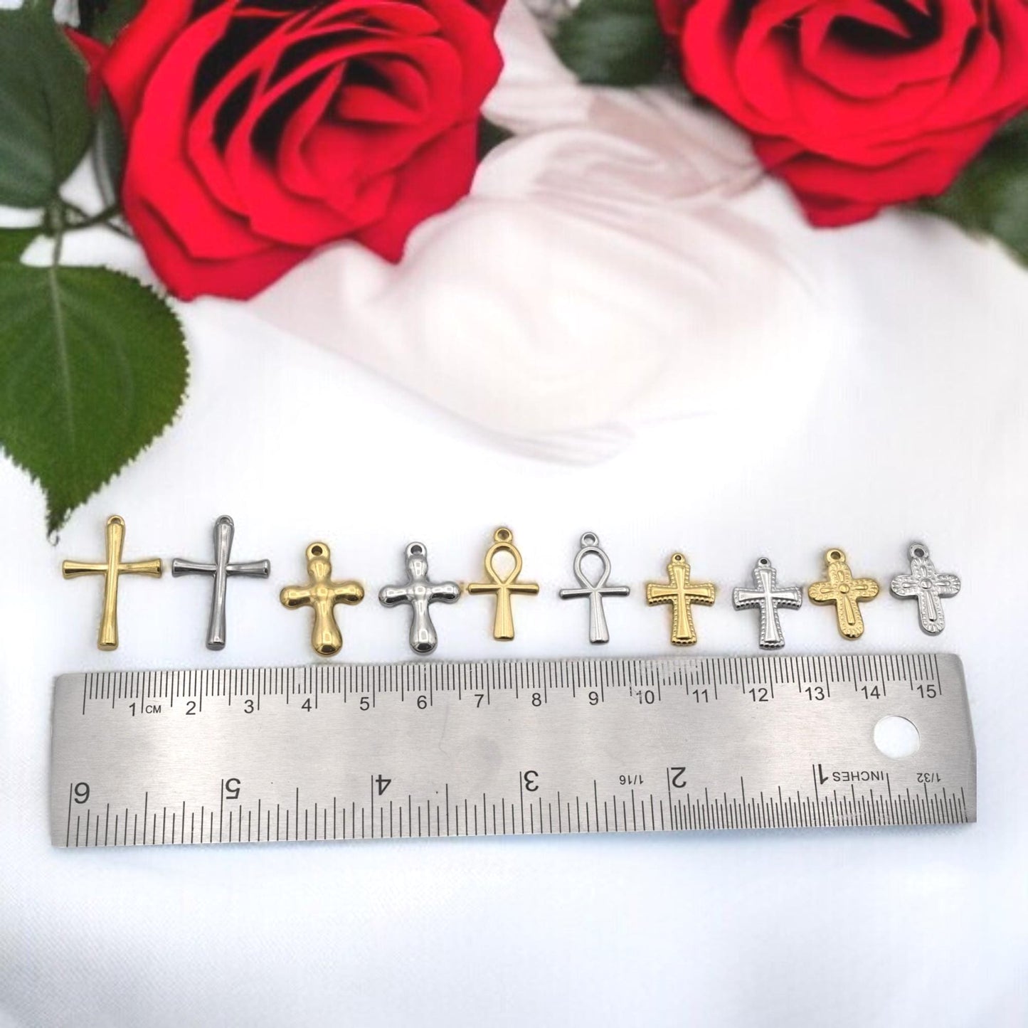 Egyptian Ankh Charm Gold Or Silver: Faith Symbol Jewelry Bundle, Stainless Steel (12pcs, Mixed Cross and Ankh, Lead-Free Materials)