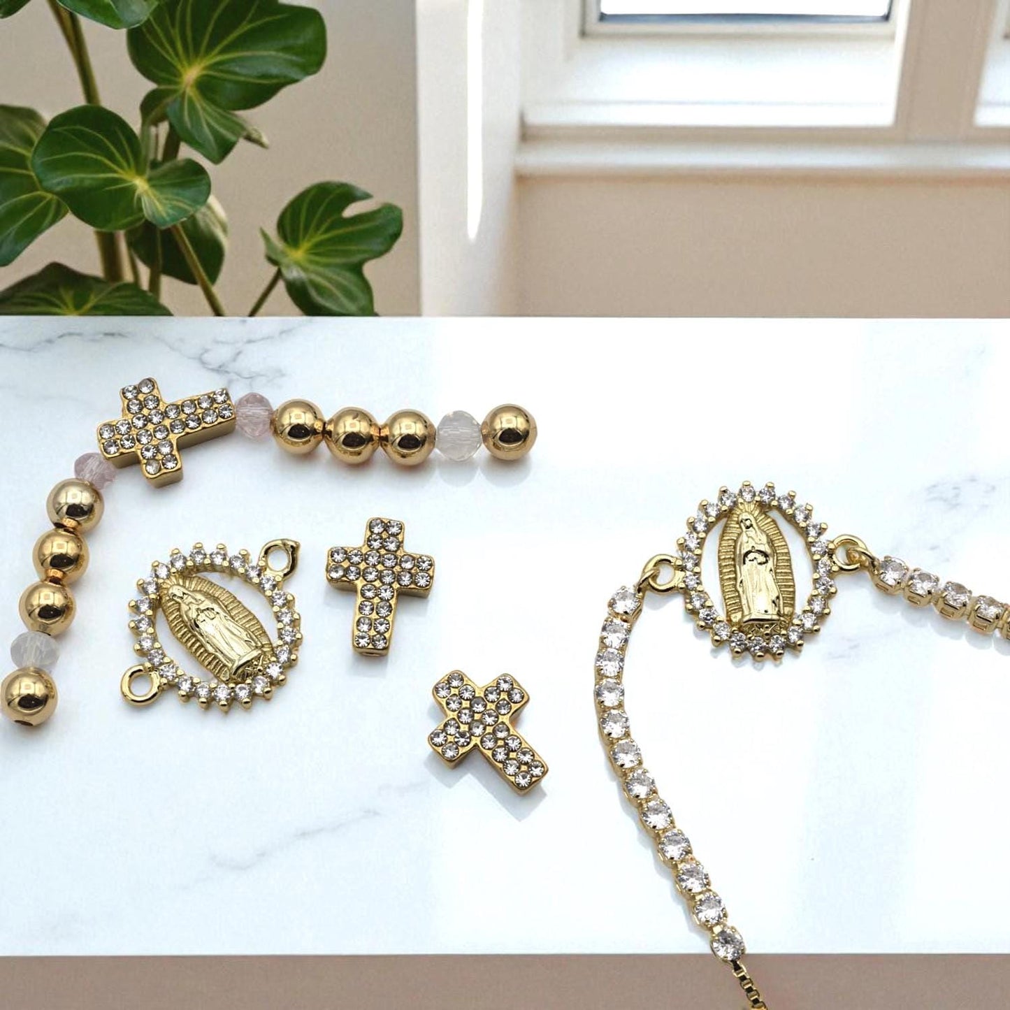 Gold CZ Cross Bead Connector: Sparkling Virgin Mary Pendant - Micro Pave Cubic Zirconia, Tarnish Resistant, Catholic Jewelry DIY