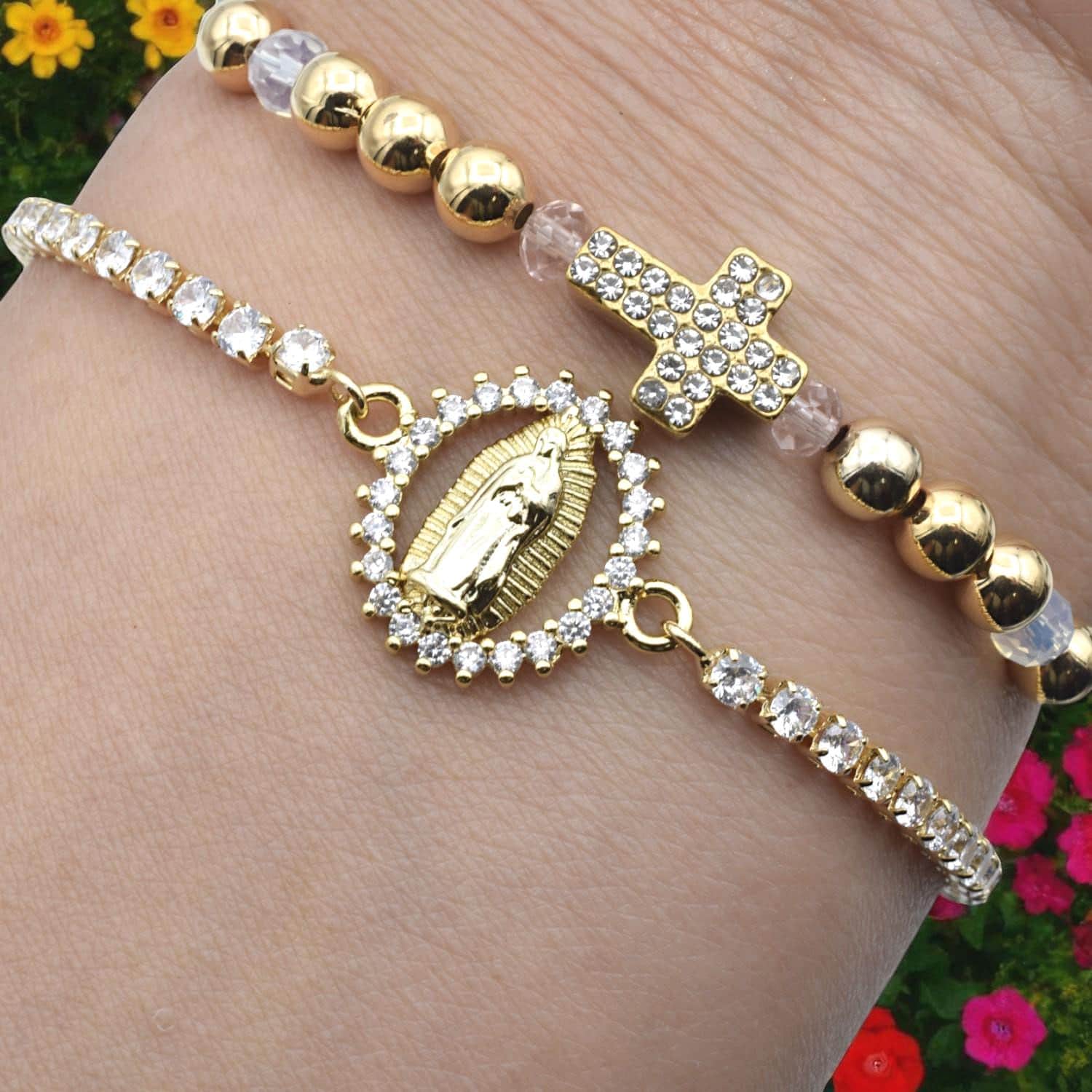 Gold CZ Cross Bead Connector: Sparkling Virgin Mary Pendant - Micro Pave Cubic Zirconia, Tarnish Resistant, Catholic Jewelry DIY