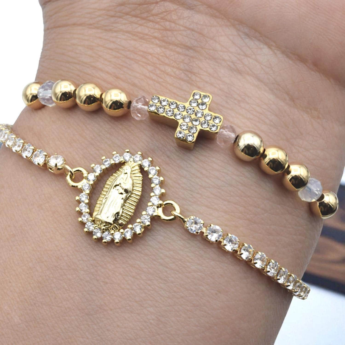 Gold CZ Cross Bead Connector: Sparkling Virgin Mary Pendant - Micro Pave Cubic Zirconia, Tarnish Resistant, Catholic Jewelry DIY