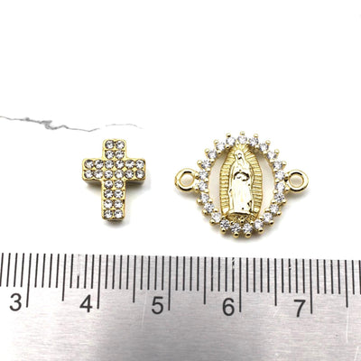 Gold CZ Cross Bead Connector for DIY Rosary – Virgin Mary Our Lady of Guadalupe Micro Pavé Charm – Tarnish Resistant Jewel...