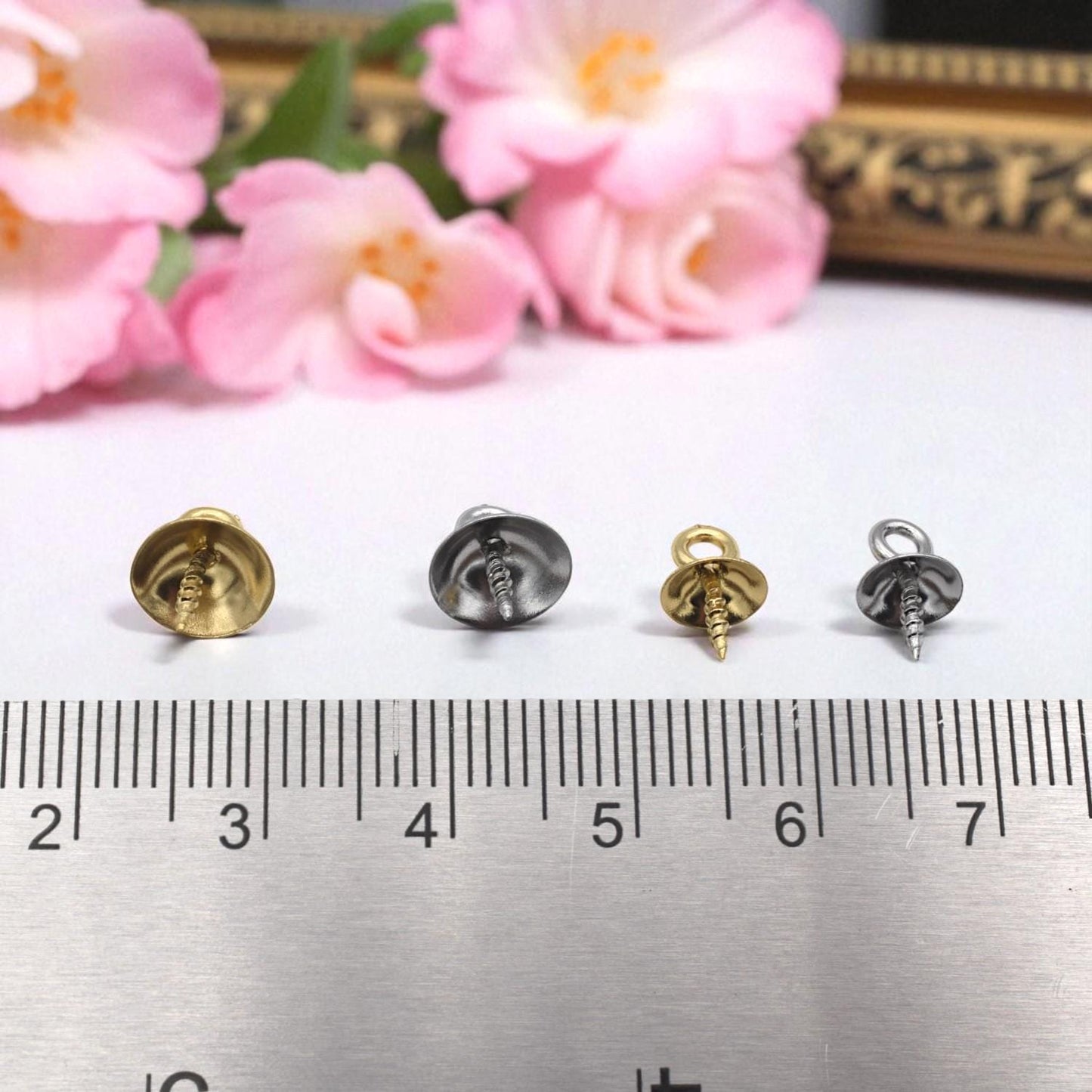 Gold and Silver Screw-Eye Cup Bails for Pendants – 6mm/ 8mm Loop-Top Pegs – 12 pcs Stainless Steel Findings for Resin, Polymer Clay Jewelry