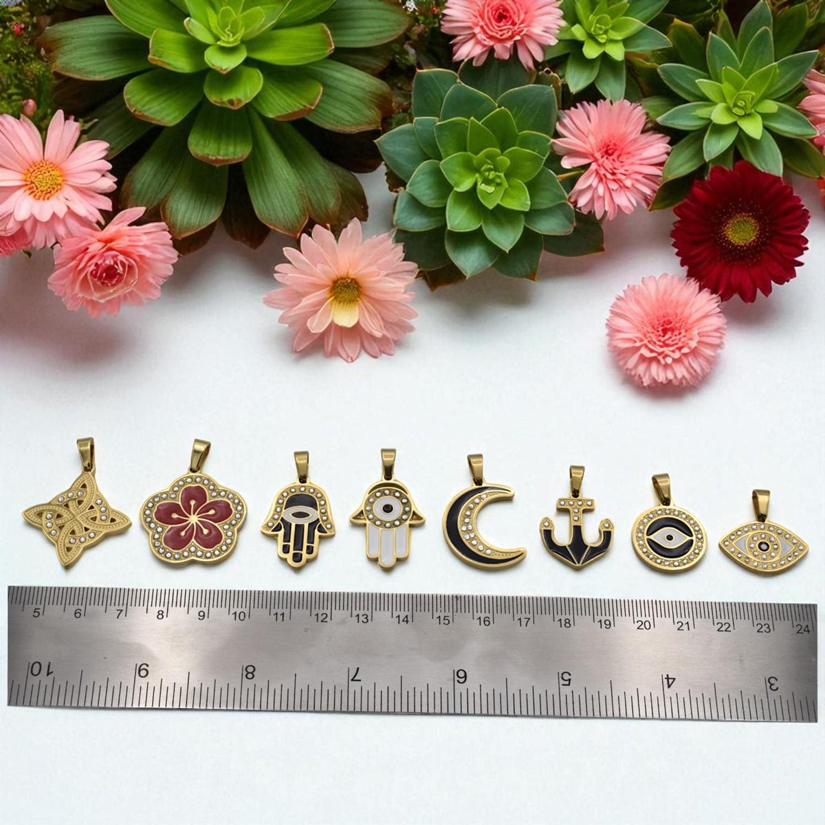 Gold Enamel Stainless Steel CZ Pendant, Filigree Cross • Flower • Hamsa • Moon • Anchor • Evil Eye for Necklace Charm, Bracelect