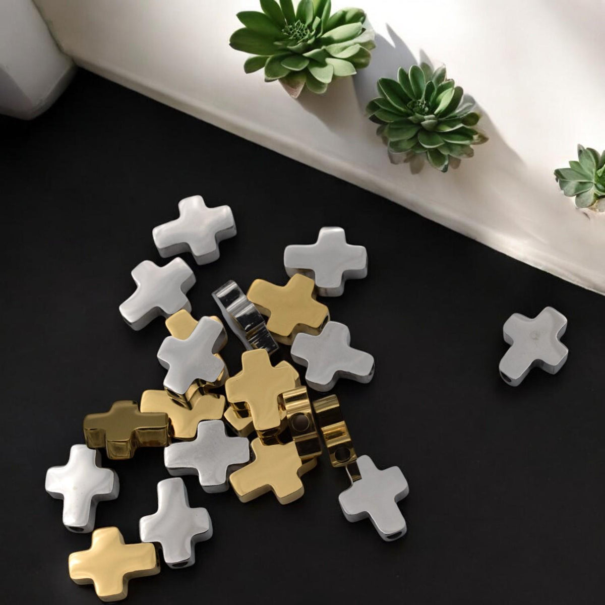 Gold Silver Cross Flat Spacer Beads: Polished Stainless Steel, 8x10mm, Durable Metal Findings | DIY Jewelry, Bracelet Components