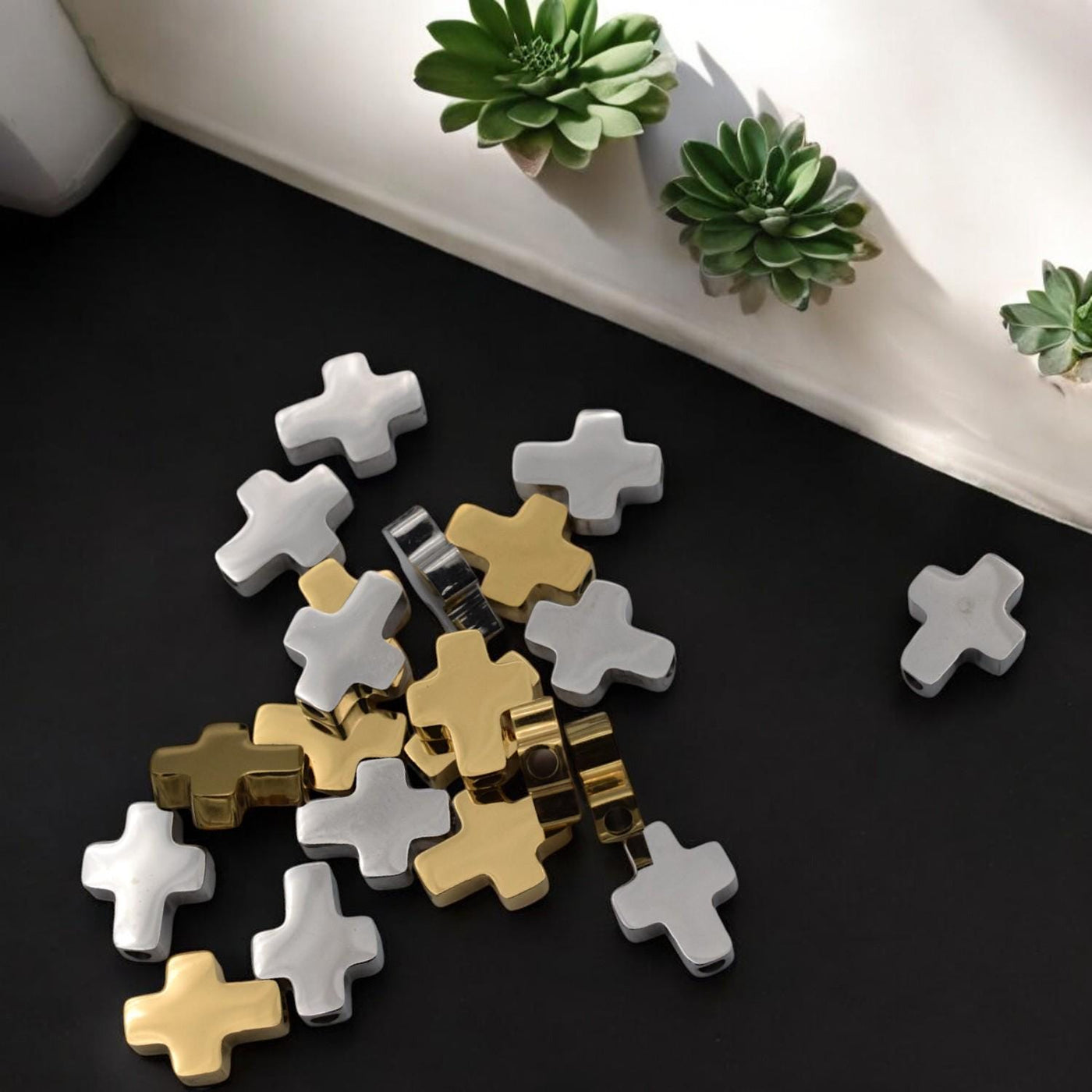 Gold or Silver Cross Spacer, Stainless Steel Beads for Jewelry Making, DIY Bracelet, Necklace Findings, 8x10mm Flat Cross...