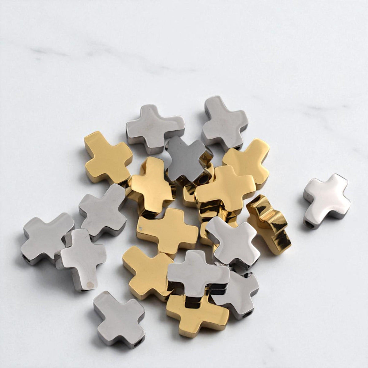 Gold Silver Cross Flat Spacer Beads: Polished Stainless Steel, 8x10mm, Durable Metal Findings | DIY Jewelry, Bracelet Components